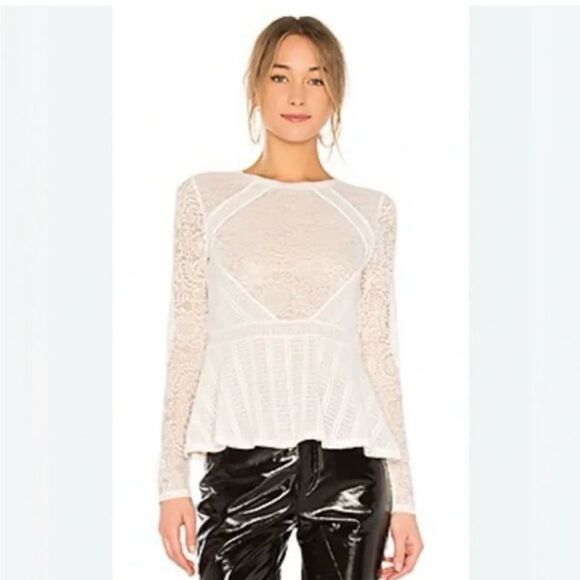 BCBGMaxazria Ivory Lace Long Sleeve Peplum Pullover Shirt - Picture 1 of 16